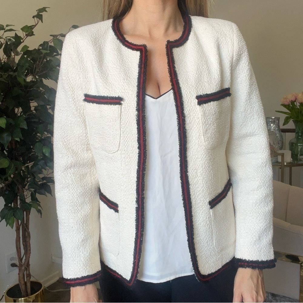 Gerard Darel Ivory Woven Tweed Blazer Long Sleeves Mock Neck Mid Length Summer M - Picture 3 of 15